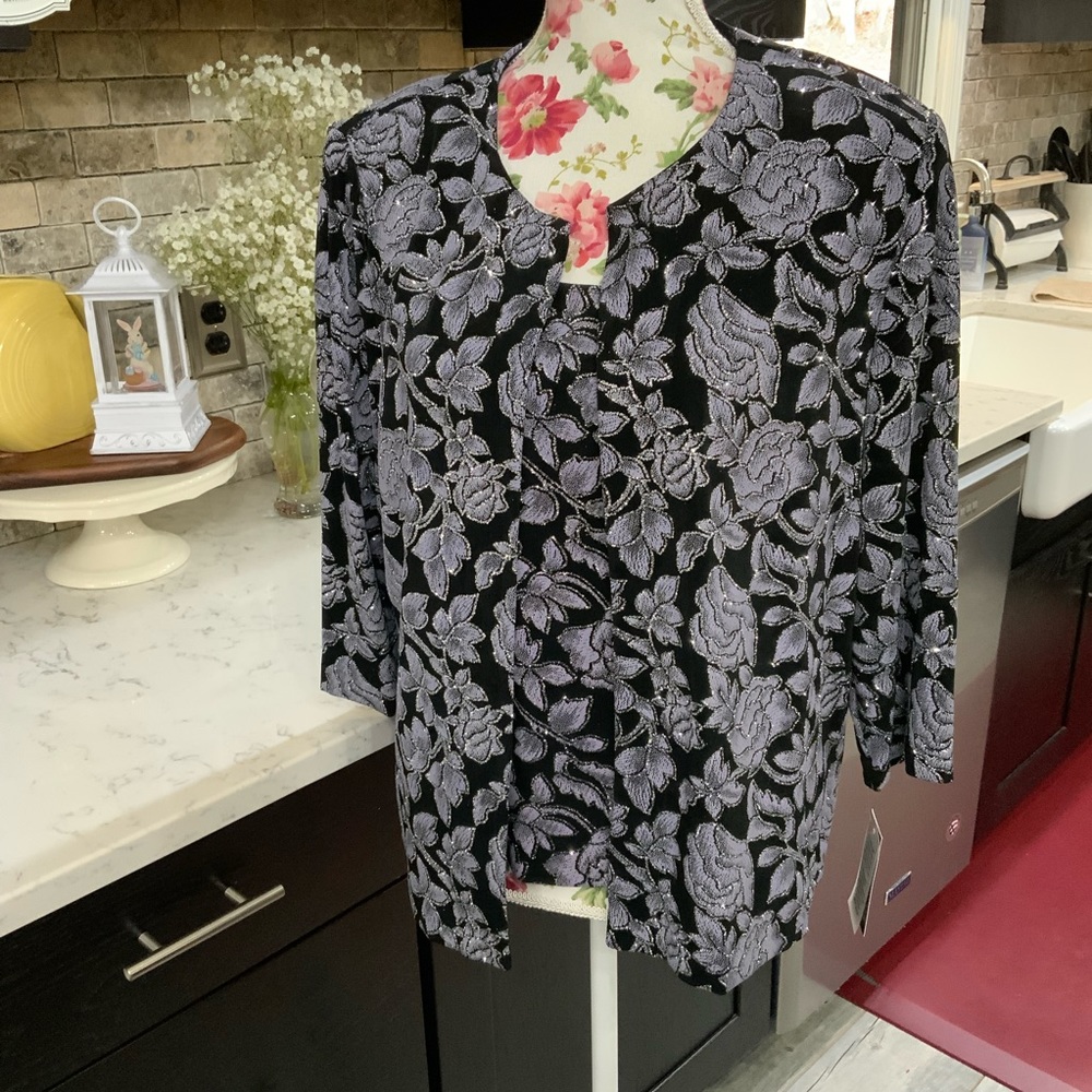 Alex Evenings Twin Set XLP Black Purple 3/4 Sleeve Sparkle Cocktail Formal New